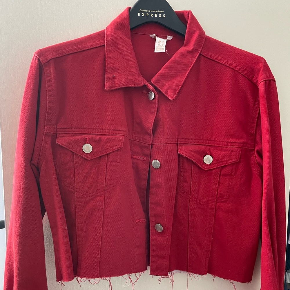 Red cropped jean jacket